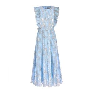 NWOT SELF PORTRAIT CHIFFON METALLIC FLORAL MIDI PLEATED DRESS